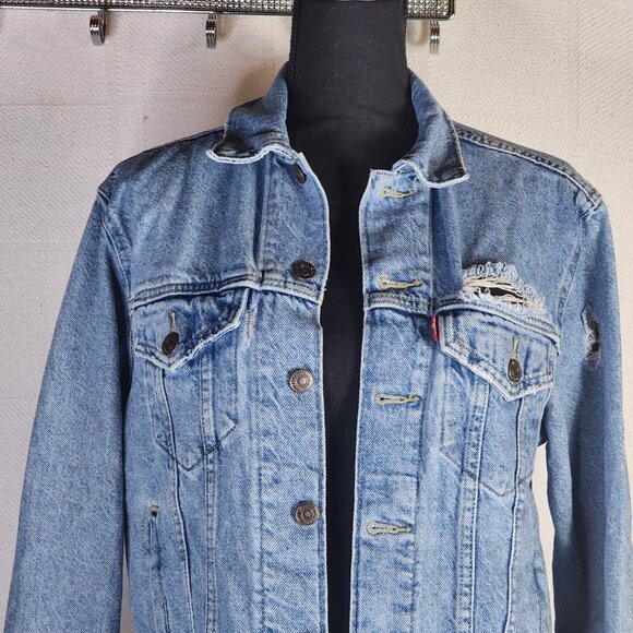 Levi Strauss Medium Wash Distressed Red Label Vintage Original Jean Jacket Sz S - Picture 3 of 16